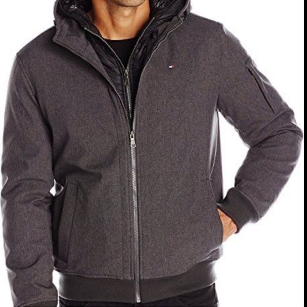 Tommy Hilfiger Soft Shell Fashion Bomber with Contrast Bib and Hood